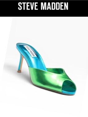 STEVE MADDEN ROWE PEEP TOE METALLIC GREEN BLUE LEATHER MULE HEELS NWT SIZE 6.5